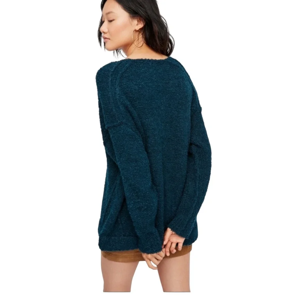 Free People Lofty V-Neck Sweater Forest Teal Green Oversized‎ Boucle Knit Small